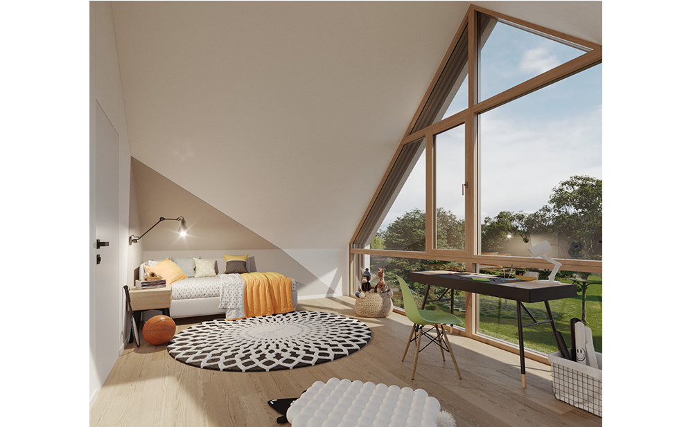 Innenperspektive eines Dachgeschosses in einer Villa in Gräfelfing (Rendering)