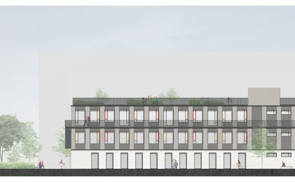 Holzmodulbau Montessorischule Fassadengestaltung der Montessorischule in Neuperlach (Rendering)